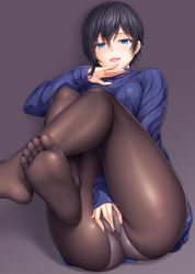Rule 34 | 1girl, ass, between legs, black hair, black pantyhose, blue eyes, blue sweater, breasts, cinderella series, commentary request, feet, hachigatsu no cinderella nine, hair between eyes, hand between legs, hand up, lambda (kusowarota), legs up, long sleeves, looking at viewer, lying, on back, open mouth, panties, panties under pantyhose, pantyhose, see-through, shadow, short hair, simple background, sleeves past wrists, soles, solo, sweater, teeth, tsukumo kana, underwear, upper teeth only