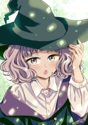 Rule 34 | 1girl, :o, artist name, blush, buttons, collared shirt, commentary request, dated, dress shirt, fingernails, green hat, hand on headwear, hand up, hat, leaf, long sleeves, looking at viewer, medium hair, open mouth, original, purple eyes, purple hair, robe, shirt, signature, solo, sugano manami, upper body, wavy hair, white shirt, witch, witch hat