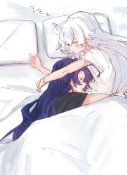 Rule 34 | 2girls, black shirt, chinese commentary, commentary request, cross, cross earrings, cuddling, earrings, from above, hair down, highres, honkai (series), honkai impact 3rd, jewelry, kiana kaslana, long hair, lying, mixed-language commentary, moonsun77773, multiple girls, on bed, on side, open mouth, pillow, purple hair, raiden mei, shirt, short sleeves, sleeping, white hair, white shirt, yuri, zzz