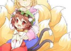 Rule 34 | 2girls, :3, :d, animal ears, blonde hair, brown eyes, brown hair, cat ears, cat tail, chen, commentary request, dress, earrings, fang, fox tail, green hat, hand on another&#039;s head, hat, ibaraki natou, jewelry, long hair, long sleeves, mob cap, multiple girls, multiple tails, nekomata, open mouth, red dress, short hair, simple background, single earring, smile, tabard, tail, touhou, twitter username, yakumo ran