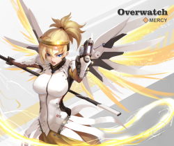 Rule 34 | 1girl, aiming, aiming at viewer, armor, artist name, blonde hair, blue eyes, bodysuit, breasts, brown legwear, character name, copyright name, dated, faulds, glowing, glowing wings, grey background, gun, hair tie, halo, handgun, high ponytail, highres, holding, holding gun, holding staff, holding weapon, long hair, mechanical halo, mechanical wings, medium breasts, mercy (overwatch), open mouth, overwatch, overwatch 1, pelvic curtain, pistol, shou mai, signature, simple background, solo, spread wings, staff, upper body, weapon, white background, white bodysuit, wings, yellow wings