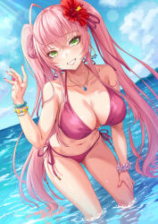 Rule 34 | 1girl, bare shoulders, bikini, blue sky, bracelet, breasts, cleavage, collarbone, commentary request, day, earrings, flower, green eyes, grin, hair flower, hair ornament, hand up, highres, jewelry, large breasts, leaning forward, looking at viewer, nail polish, navel, necklace, original, outdoors, parted lips, pink bikini, pink hair, pink nails, sakiyamama, side-tie bikini bottom, sky, smile, solo, swimsuit, teeth, thighs, twintails, water