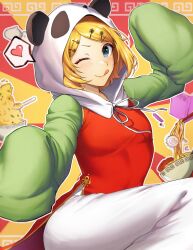 Rule 34 | 1girl, absurdres, animal hood, blonde hair, blue eyes, china dress, chinese clothes, closed mouth, dress, food, fried rice, green sleeves, hair ornament, hand up, heart, highres, hood, hood up, kagamine rin, long sleeves, looking at viewer, neck ribbon, noodles, one eye closed, outline, panda hood, pants, parted bangs, phoebe (pixiv 55159801), ramen, red background, ribbon, short hair, sleeves past fingers, sleeves past wrists, solo, spoken heart, tongue, tongue out, v-shaped eyebrows, vocaloid, white hood, white outline, white pants, white ribbon, yellow background, yi er fan club (vocaloid)