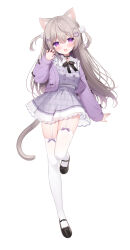 Rule 34 | 1girl, :d, animal ears, black bow, black choker, black footwear, blush, bow, brown hair, cat ears, cat girl, cat hair ornament, cat tail, choker, claw pose, collared shirt, commentary request, dress, garter straps, grey dress, hair between eyes, hair ornament, hand up, highres, hisagi (puchimaple), indie virtual youtuber, jacket, long hair, long sleeves, looking at viewer, minaneko mai, open clothes, open jacket, open mouth, plaid, plaid dress, puffy long sleeves, puffy sleeves, purple eyes, purple jacket, shirt, shoes, simple background, sleeveless, sleeveless dress, sleeves past wrists, smile, solo, standing, standing on one leg, tail, thighhighs, two side up, unmoving pattern, very long hair, virtual youtuber, white background, white shirt, white thighhighs, x hair ornament