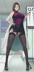 Rule 34 | 1girl, bare shoulders, black thighhighs, blush, breasts, brown eyes, brown hair, coat, commentary, commentary request, eye chart, full body, garter straps, hair behind ear, hand on own hip, highres, holding, holding pointer, impossible clothes, impossible shirt, indoors, kesoshirou, lab coat, landolt c, large breasts, legs apart, long sleeves, looking at viewer, mask, mask pull, miniskirt, mouth mask, off shoulder, original, parted lips, pencil skirt, pointer, purple eyes, sandals, shirt, short hair, side slit, single garter strap, skirt, sleeveless, sleeveless turtleneck, sleeves rolled up, solo, standing, surgical mask, thighhighs, thighs, tiptoes, turtleneck, white coat