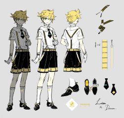Rule 34 | 1boy, belt, black footwear, black necktie, blonde hair, blue eyes, character name, character sheet, collared shirt, colored shoe interior, dress shoes, english text, formal, gloves, glowing, glowing clothes, grey background, hand up, high collar, kagamine len, kneehighs, legs apart, light smile, looking at viewer, miku symphony (vocaloid), multiple views, necktie, official alternate costume, official art, rella, shirt, shoes, unworn shoes, short hair, short necktie, short ponytail, short sleeves, shorts, simple background, socks, spiked hair, standing, suspender shorts, suspenders, turnaround, vocaloid, white gloves, white shirt, white socks, yellow belt