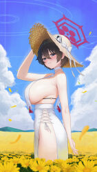 Rule 34 | 1girl, absurdres, alternate costume, black eyes, black hair, blue archive, blush, breasts, closed mouth, cloud, cloudy sky, day, dress, flower, hair between eyes, halo, hat, highres, large breasts, long long life, looking at viewer, outdoors, petals, red halo, short hair, sideboob, sky, smile, solo, straw hat, tsubaki (blue archive), white dress, yellow flower