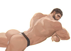 Rule 34 | 1boy, amo (amo9612), ass, back, bara, bare back, beard, belt, black belt, brown hair, chest hair, chris redfield, facial hair, feet out of frame, from behind, harness, leg hair, looking at viewer, lying, male focus, mature male, muscular, muscular male, on stomach, resident evil, resident evil 5, short hair, solo, thick thighs, thighs, thong, white background