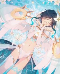 Rule 34 | 1boy, absurdres, black hair, blue hair, braid, closed eyes, covered mouth, detached sleeves, feathered wings, feathers, flower, genshin impact, glowing tattoo, gradient hair, hair flower, hair ornament, highres, hood, hood down, huge filesize, long sleeves, male focus, midriff, multicolored hair, navel, own hands clasped, own hands together, petals, petals on liquid, ripples, single thighhigh, solo, tattoo, thighhighs, trap, twin braids, venti (archon) (genshin impact), venti (genshin impact), water, white flower, white thighhighs, wings, yasakasen