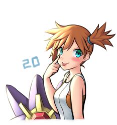 Rule 34 | 1girl, :p, akanbe, bare shoulders, blue eyes, blush, creatures (company), eyelid pull, from side, game freak, gen 1 pokemon, highres, looking at viewer, misty (pokemon), nintendo, orange hair, pinguinkotak, pokemon, pokemon (creature), pokemon lgpe, short hair, side ponytail, sleeveless, starmie, tongue, tongue out, upper body