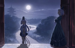 Rule 34 | 2girls, blue eyes, cloud, crossed arms, dress, closed eyes, forest, full moon, green dress, hands in opposite sleeves, hat, japanese clothes, kariginu, light smile, looking at another, miniskirt, mononobe no futo, moon, multiple girls, nature, night, open door, pagoda, path, pleated skirt, ponytail, road, shadow, short hair, sideways glance, silver hair, skirt, soga no tojiko, standing, tate eboshi, touhou, yamamomo (plank)