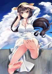 Rule 34 | 10s, 1girl, barefoot, blush, breasts, brown eyes, brown hair, cleavage, feet, foot focus, from below, hair ornament, hairclip, hand on own head, haruna (kancolle), highres, kantai collection, long hair, looking at viewer, pov, shiromoi, sitting, smile, soles, solo, toes