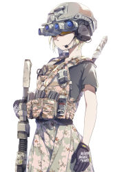 Rule 34 | 1girl, absurdres, assault rifle, blonde hair, camouflage, chinese commentary, commentary request, gloves, gun, headset, helmet, highres, holding, holding gun, holding weapon, liu zhao, load bearing vest, magazine (weapon), original, rifle, scissors, shirt, solo, t-shirt, weapon, white background