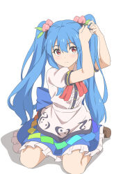 Rule 34 | 1girl, adjusting hair, blue hair, blue skirt, blush, brown footwear, center frills, closed mouth, frilled skirt, frills, full body, gyouza (mhea5724), hair between eyes, highres, hinanawi tenshi, long hair, puffy short sleeves, puffy sleeves, red eyes, shirt, shoes, short sleeves, sidelocks, simple background, skirt, solo, touhou, two side up, white background, white shirt