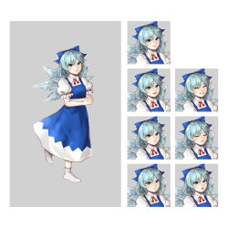 Rule 34 | 1girl, angry, blue bow, blue dress, blue eyes, blue hair, blush, border, bow, breasts, character name, cirno, closed eyes, closed mouth, collared shirt, commentary request, crossed arms, dress, embodiment of scarlet devil, expression chart, fairy, frilled sleeves, frills, full body, grey border, hair bow, happy, highres, hoshiringo0902, ice, ice wings, lips, looking at viewer, neck ribbon, no shoes, open mouth, pinafore dress, puffy short sleeves, puffy sleeves, red ribbon, ribbon, sad, shirt, short hair, short sleeves, simple background, sleeveless dress, small breasts, smile, socks, solo, surprised, touhou, v-shaped eyebrows, white background, white shirt, white socks, wings