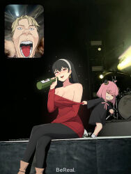 Rule 34 | 1boy, 2girls, absurdres, anya (spy x family), bare shoulders, black hair, blonde hair, blush, breasts, child, cleavage, clothes pull, concert, dress, drum, drum set, fan screaming at madison beer (meme), hairband, hairpods, highres, inset, instrument, large breasts, long hair, meme, multiple girls, music, photo background, pink hair, red eyes, satelyte, screaming, singing, smile, spy x family, stage, twilight (spy x family), yor briar
