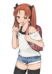 Rule 34 | 1girl, backpack, bag, bare shoulders, bow, brown eyes, brown hair, clothes pull, denim, denim shorts, dot nose, female focus, girls und panzer, hair bow, highres, jitome, kadotani anzu, long hair, looking at viewer, ngc20701, open mouth, pulling own clothes, shirt pull, short shorts, shorts, simple background, skindentation, solo, standing, strapless, sweat, tank top, thighhighs, tube top, twintails, white background