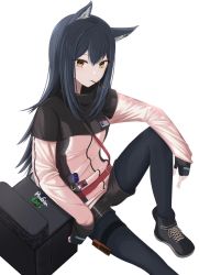 Rule 34 | 1girl, animal ears, arknights, belt, black capelet, black footwear, black gloves, black hair, black pantyhose, black shorts, brown eyes, capelet, commentary request, feet out of frame, fingerless gloves, food, food in mouth, gloves, hair between eyes, highres, id card, jacket, knee up, long hair, long sleeves, looking at viewer, mouth hold, pantyhose, partial commentary, pocky, red belt, ryouta (ryouta335), shoes, short shorts, shorts, simple background, sitting, solo, texas (arknights), white background, white jacket, wolf ears