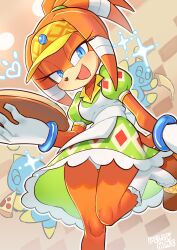 Rule 34 | 1girl, absurdres, apron, artist name, blue eyes, chao (sonic), eyelashes, food, furry, furry female, gloves, heart, highres, holding, holding food, holding pizza, holding tray, kellymae, looking at viewer, open mouth, outline, pizza, pizza slice, short sleeves, smile, sonic (series), sparkle, tikal the echidna, tray, upskirt, visor cap, white apron, white gloves, white outline