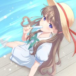 Rule 34 | 1girl, absurdres, aqua neckerchief, blurry, bokeh, brown hair, collarbone, commentary request, day, depth of field, dress, eating, food, food in mouth, from above, fujishima megumi, hasu no sora school uniform, hat, hat ribbon, heart, heart hair, highres, holding, holding food, holding popsicle, link! like! love live!, long hair, looking at viewer, love live!, medium dress, neckerchief, outdoors, pleated dress, popsicle, purple eyes, red ribbon, ribbon, sailor collar, sailor dress, school uniform, short sleeves, sitting, soaking feet, solo, straw hat, summer uniform, sun hat, two side up, virtual youtuber, water, white dress, white sailor collar, wooden floor, yutuki ame