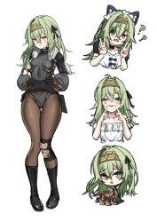 Rule 34 | 1girl, ?, alternate costume, apron, armored gloves, belt pouch, black bodysuit, black ribbon, black skirt, blush, bodysuit, boots, breasts, brown pantyhose, chibi, clothes lift, double v, dress, enmaided, fur collar, gluteal fold, goddess of victory: nikke, green eyes, green hair, hair ribbon, hairband, humanoid robot, kilo (nikke), long hair, long sleeves, looking at viewer, maid, maid headdress, mecha, mikan houri, multiple views, pantyhose, pouch, ribbon, robot, skin tight, skirt, skirt lift, small breasts, sweatdrop, t.a.l.o.s. (nikke), thigh boots, thigh gap, v, wavy mouth, white apron, white dress