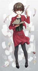 Rule 34 | 1girl, belt, belt skirt, book, brown eyes, commentary request, flying paper, formal, higurashi no naku koro ni, hinata nonoka, minai tomoe, pages, pantyhose, paper, red suit, short hair, skirt, skirt suit, solo, suit, translation request