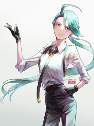 Rule 34 | 1girl, ahoge, black gloves, black necktie, black pants, bright pupils, buttons, closed mouth, collared shirt, commentary request, cowboy shot, creatures (company), erinoshin, game freak, gloves, green hair, hair between eyes, hand on own hip, hand up, long hair, necktie, nintendo, pants, partial commentary, pokemon, pokemon sv, ponytail, rika (pokemon), shirt, smile, solo, suspenders, white pupils