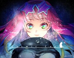 1girl beatmania_(series) beatmania_iidx bemani black_jacket eyelashes green_eyes inpr jacket light_particles long_hair looking_at_viewer mizushiro_celica parted_lips pink_hair solo song_name star-shaped_eyewear star_(symbol) twitter_username upper_body very_long_hair