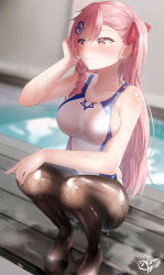Rule 34 | 1girl, backlighting, bare shoulders, black pantyhose, blush, bow, braid, breasts, collarbone, competition swimsuit, girls&#039; frontline, hair ornament, hairclip, highres, large breasts, long hair, negev (girls&#039; frontline), one-piece swimsuit, pantyhose, pantyhose under swimsuit, pink hair, red bow, red eyes, shirosaba, skindentation, solo, swimsuit, white one-piece swimsuit