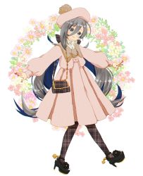 Rule 34 | 1girl, alternate costume, bag, beret, black footwear, blue hair, closed mouth, dress, floral background, full body, grey eyes, grey hair, hair between eyes, hat, high heels, highres, kantai collection, kiyoshimo (kancolle), long hair, long sleeves, looking at viewer, low twintails, multicolored hair, outstretched arms, pantyhose, pink dress, pink hat, plaid, plaid bag, plaid legwear, puffy sleeves, shoes, shoulder bag, solo, standing, twintails, very long hair, yknk777