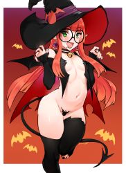 Rule 34 | 1girl, :d, bell, black choker, black lips, black nails, black thighhighs, blunt bangs, body freckles, breasts, choker, claw pose, commentary, demon tail, detached sleeves, earrings, elf, english commentary, fangs, fingernails, freckles, glasses, gradient background, green eyes, halloween, hat, highres, jewelry, jingle bell, kenshin187, kiara (kenshin187), lipstick, long fingernails, long hair, looking at viewer, makeup, mole, mole under eye, nail polish, navel, neck bell, open mouth, orange background, orange hair, original, pointy ears, red background, revealing clothes, round eyewear, signature, simple background, small breasts, smile, solo, tail, thighhighs, witch hat