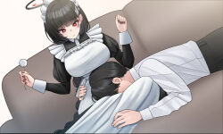 Rule 34 | 1boy, 1girl, alternate costume, apron, black dress, black hair, black nails, black pants, blue archive, blush, braid, breasts, bright pupils, couch, dress, dutch angle, enmaided, face to thighs, frilled apron, frills, hair ornament, hairpin, halo, hands up, highres, juliet sleeves, lap pillow, large breasts, long hair, long sleeves, looking at another, lying, maid, maid apron, maid headdress, mijikayo, mimikaki, on couch, on stomach, open mouth, pants, puffy sleeves, red eyes, rio (blue archive), sensei (blue archive), shirt, short hair, single braid, sitting, very long hair, white apron, white pupils, white shirt