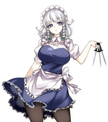 Rule 34 | 1girl, absurdres, apron, between fingers, black pantyhose, blue eyes, braid, breasts, commentary, highres, holding, holding knife, holding weapon, izayoi sakuya, knife, knives between fingers, large breasts, leaning to the side, looking to the side, maid, maid headdress, open mouth, pantyhose, puffy short sleeves, puffy sleeves, raptor7, short sleeves, silver hair, simple background, skirt, solo, symbol-only commentary, touhou, twin braids, unconnected marketeers, weapon, white background