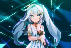 Rule 34 | 1girl, aduare, aqua eyes, blunt bangs, bracelet, clothing cutout, commentary, diffraction spikes, dress, english commentary, eyes visible through hair, faruzan (genshin impact), genshin impact, green background, green eyes, hair ornament, hand up, jewelry, light rays, long hair, looking at viewer, pixel art, pointing, pointing up, short sleeves, shoulder cutout, sidelocks, sleeveless, sleeveless dress, solo, symbol-shaped pupils, triangle-shaped pupils, twintails, upper body, white dress, wristlet, x hair ornament