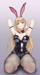 Rule 34 | 1girl, absurdres, animal ears, arm strap, arms up, black bow, black bowtie, black leotard, black pantyhose, blonde hair, blue eyes, bow, bowtie, breasts, commentary request, dated, detached collar, full body, gradient background, highres, jinmeii, large breasts, leotard, long hair, looking at viewer, original, pantyhose, playboy bunny, rabbit ears, seiza, shiny clothes, simple background, sitting, sleeves past wrists, solo, strapless, strapless leotard, very long hair