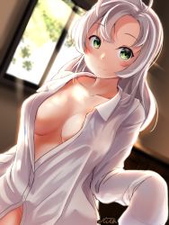 Rule 34 | 1girl, blurry, blurry background, blush, breasts, closed mouth, collarbone, collared shirt, commentary request, cowboy shot, day, dutch angle, green eyes, grey hair, hand up, highres, indoors, kantai collection, kinugasa (kancolle), kinugasa kai ni (kancolle), long hair, looking at viewer, medium breasts, naked shirt, one side up, partially unbuttoned, shirt, sidelocks, signature, sleeves past fingers, sleeves past wrists, smile, soba chatarou (tita), solo, sunlight, tsurime, white shirt, window