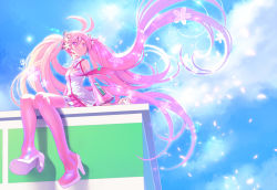 Rule 34 | 1girl, bad id, bad pixiv id, baozi, boots, cloud, detached sleeves, food, hatsune miku, headset, high heel boots, high heels, long hair, necktie, petals, pink eyes, pink footwear, pink hair, pink heels, sakura miku, shoes, sitting, skirt, sky, smile, solo, souma kira, thigh boots, thighhighs, twintails, very long hair, vocaloid
