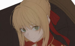 Rule 34 | 1girl, ahoge, blonde hair, braid, epaulettes, fate/grand order, fate (series), fov ps, french braid, from above, green eyes, hair intakes, hair ribbon, looking at viewer, looking up, nero claudius (fate), nero claudius (fate) (all), nero claudius (fate/extra), red ribbon, ribbon, sidelocks, solo