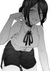 Rule 34 | 1girl, blush, chainsaw man, choker, grenade pin, greyscale, hair between eyes, hatching (texture), highres, long hair, monochrome, neck ribbon, open mouth, otsudou, reze (chainsaw man), ribbon, simple background, smile, solo, teeth, upper teeth only, white background