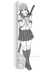 Rule 34 | 1girl, against wall, bad drawr id, bad id, bag, bag charm, bright pupils, character request, charm (object), closed mouth, copyright request, full body, greyscale, hat, holding, holding phone, katana, keidoro143, long hair, monochrome, oekaki, phone, pleated skirt, sailor collar, sandals, school bag, school uniform, serafuku, sheath, sheathed, short sleeves, simple background, skirt, socks, solo, standing, sword, twintails, weapon, white pupils