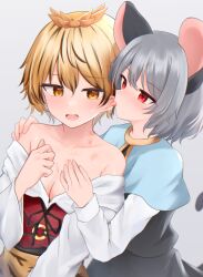 Rule 34 | 2girls, absurdres, animal ears, bare shoulders, black ribbon, black vest, blonde hair, blue capelet, breasts, capelet, chromatic aberration, cleavage, collarbone, commentary request, commission, cowboy shot, dakuazu, ear licking, embarrassed, eyes visible through hair, grey background, grey hair, hair ornament, hand on another&#039;s chest, hand on another&#039;s shoulder, highres, licking, long sleeves, medium breasts, multiple girls, nazrin, neck ribbon, off shoulder, open mouth, pixiv commission, rabbit ears, rabbit girl, red eyes, ribbon, saliva, shirt, short hair, simple background, sweat, tongue, tongue out, toramaru shou, touhou, vest, white shirt, yellow eyes, yuri