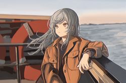 Rule 34 | 1girl, absurdres, boat, closed mouth, eyelashes, film grain, grey hair, highres, jacket, leaning, long eyelashes, long hair, ocean, open clothes, open jacket, orange eyes, orange jacket, original, outdoors, railing, scenery, solo, water, watercraft, zumochi
