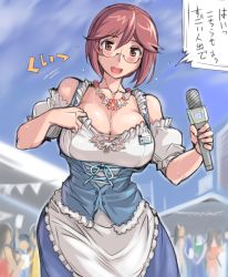 Rule 34 | 1girl, apron, badge, barmaid, bespectacled, blush, breasts, brown eyes, brown hair, cleavage, corset, crowd, dirndl, dress, flower, flower necklace, flying sweatdrops, german clothes, glasses, jewelry, large breasts, microphone, necklace, oktoberfest, aged up, open mouth, red eyes, rozen maiden, solo, souseiseki, sweat, traditional clothes, translated, tsuda nanafushi, underbust