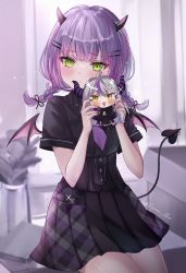 Rule 34 | 1girl, black nails, black shirt, black skirt, blush, braid, character doll, closed mouth, cowboy shot, demon girl, demon horns, demon tail, demon wings, doll, green eyes, hair ornament, hairclip, highres, holding, holding doll, hololive, horns, kebaboishii, la+ darknesss, looking at viewer, low twin braids, multicolored hair, nail polish, necktie, piercing, pink hair, pleated skirt, purple hair, purple necktie, shirt, short sleeves, sitting, skirt, solo, streaked hair, tail, tail ornament, tail piercing, tokoyami towa, twin braids, twitter username, virtual youtuber, wings