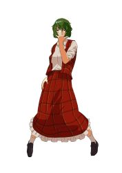 Rule 34 | 1girl, absurdres, akira (cookie), black footwear, breasts, collared shirt, commentary request, cookie (touhou), frilled skirt, frills, full body, green hair, hand on own hip, hand over face, highres, kazami yuuka, leftame, loafers, long skirt, long sleeves, looking at viewer, medium breasts, plaid, plaid skirt, plaid vest, red eyes, red skirt, red vest, shirt, shoes, short hair, short sleeves, simple background, skirt, skirt set, socks, solo, touhou, transparent background, vest, white shirt, white socks