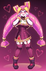 Rule 34 | 1girl, 20s, absurdres, android, atlus, blush, blush stickers, boots, breasts, choker, cleavage, colored skin, dress, earrings, female focus, gradient background, hands on own cheeks, hands on own face, heart, heart background, helmet, highres, jewelry, kaibuzetta, long hair, looking at viewer, love struck, matching hair/eyes, medium breasts, open mouth, pink background, pink eyes, pink hair, pink thighhighs, purple background, purple dress, purple footwear, ratchet (thousand arms), short dress, short sleeves, shrug (clothing), signature, solo, standing, thigh strap, thighhighs, thousand arms, very long hair, white skin