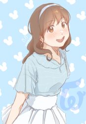 Rule 34 | 1girl, animification, blue background, blue hairband, blue shirt, blush, brown eyes, brown hair, character name, collarbone, earrings, hairband, highres, jewelry, logo, looking at viewer, nayeon (twice), open mouth, procreate (medium), real life, shirt, shirt tucked in, smile, solo, twice (group), yu jing cao luo