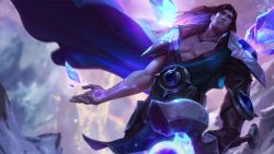 Rule 34 | 1boy, armor, brown hair, cowboy shot, crystal, dark, from below, gem, highres, league of legends, long hair, looking at viewer, looking down, male focus, muscular, official art, outstretched arms, shoulder pads, solo, standing, taric