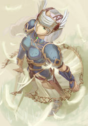 Rule 34 | 1girl, armor, blue armor, braid, feathers, gorget, green eyes, helmet, lenneth valkyrie, long hair, looking up, nonji (sayglo halo), pauldrons, shoulder armor, silver hair, single braid, solo, standing, sword, valkyrie profile (series), very long hair, weapon