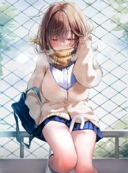 Rule 34 | 1girl, arm up, bag, blue skirt, blush, breasts, brown cardigan, brown hair, cardigan, chain-link fence, commentary request, day, fence, hand in own hair, highres, large breasts, long sleeves, looking down, miniskirt, nekomugiharu, original, outdoors, pleated skirt, railing, scarf, school bag, shirt, sitting, skirt, sleeves past wrists, solo, umbrella, white shirt, yellow scarf